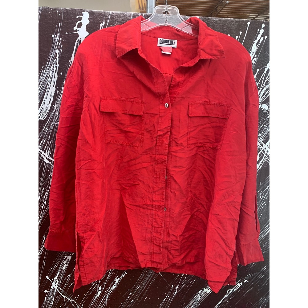 Robbie Bee Womens Red 100% Silk Button Down Long Sleeve Shirt Size Large